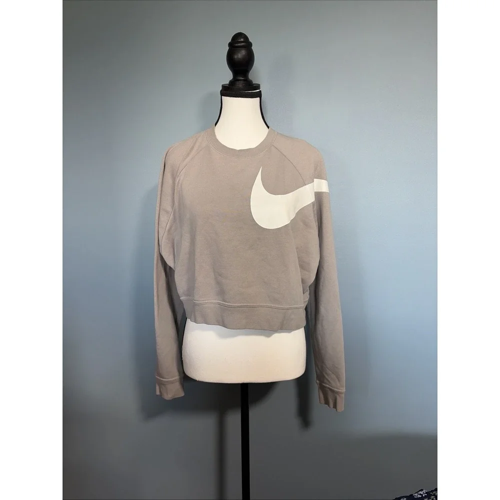 Nike Dri-FIT Cropped Swoosh Logo Sweatshirt Light Gray Womens M